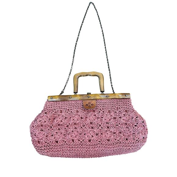 Patricia Nash Carmen Salmon Crochet Wood Leather Shoulder Chain Satchel Handbag - Picture 1 of 7